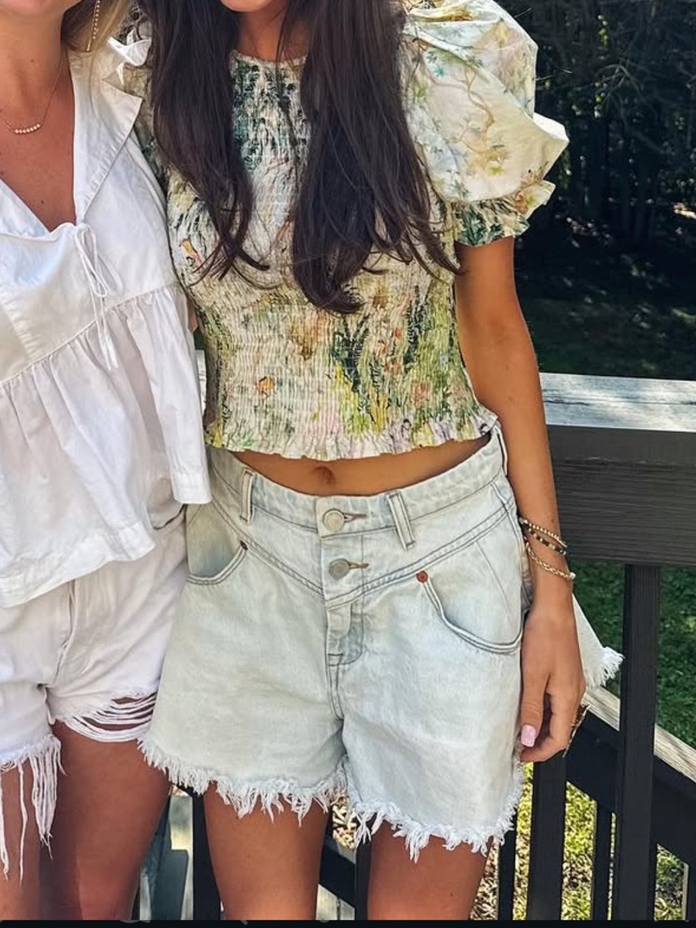 Blank NYC Floral Smocked Puff-Sleeve Crop Top in Green and Cream